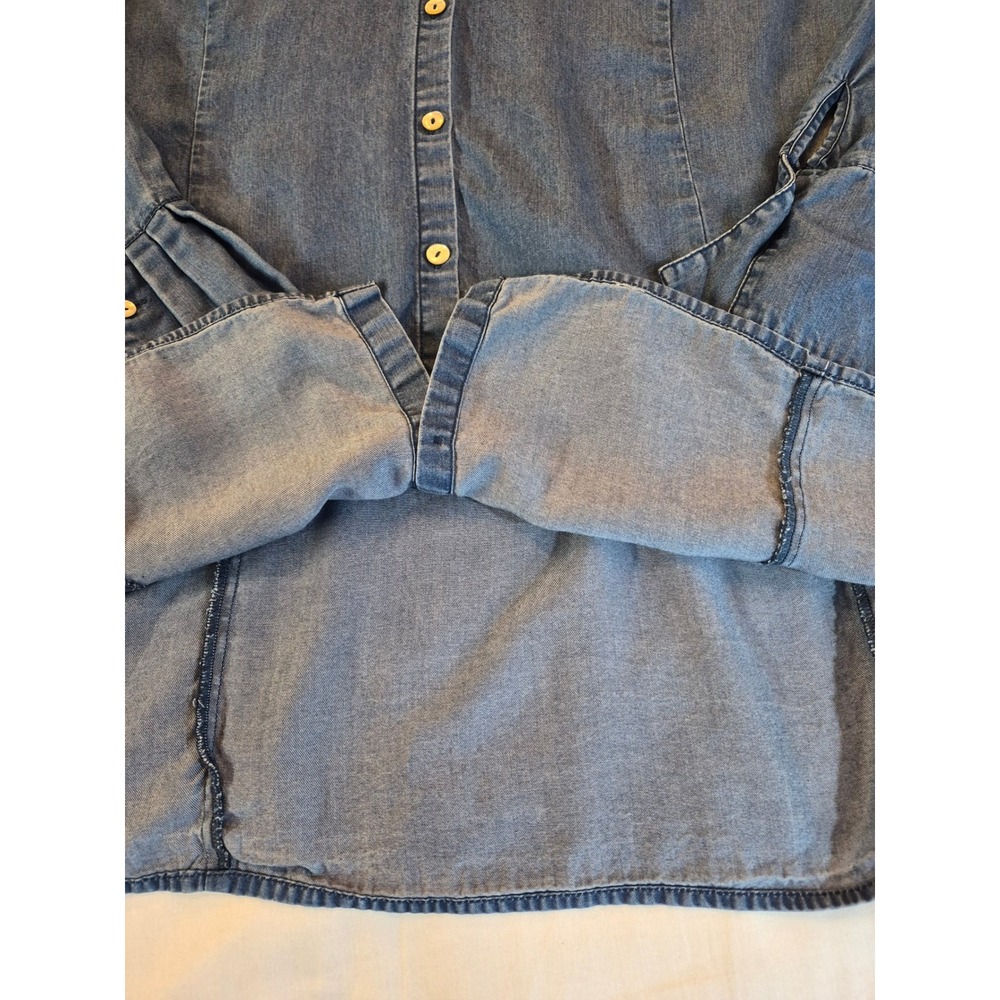 Soft Surroundings Women 1X Blue Chambray Ruffle Neck Cuff Denim Tunic Top Flowy - Picture 6 of 9